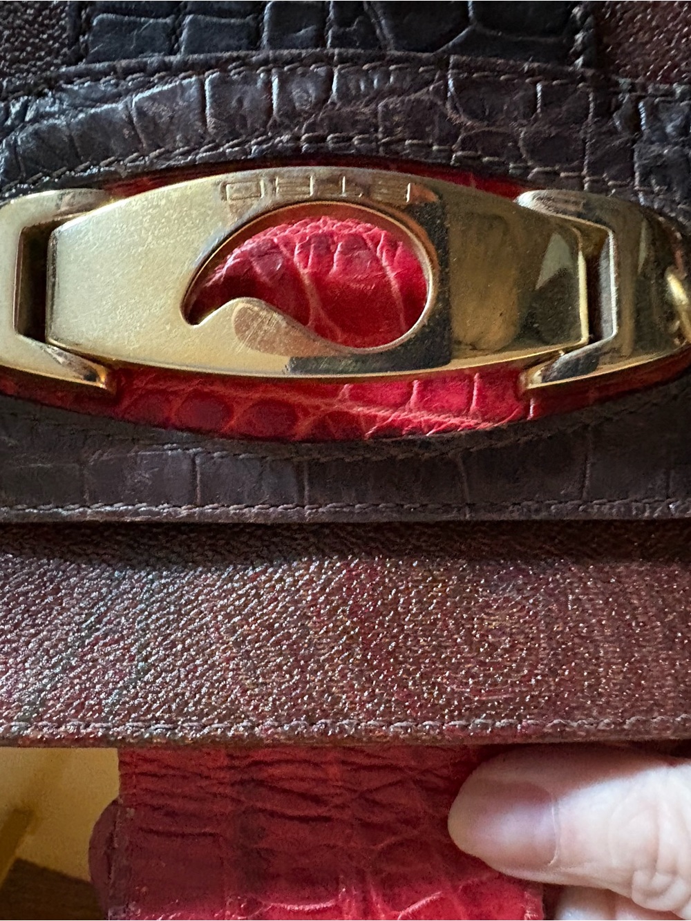 Vintage ETRO Paisley Tote Bag Red Croc Embossed Leather Silver Hardware - Picture 17 of 17